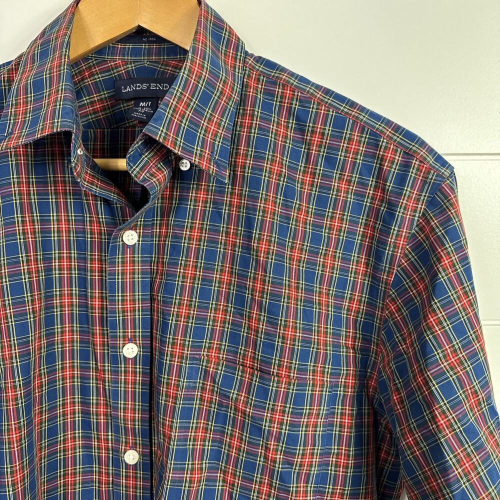 Lands End No Iron Button Front Shirt Multicolor Plaid sz Medium Tall